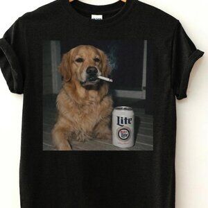 Funny Dog Smoking T-Shirt | Beer Graphic Tee | Golden Retriever Lite Beer Shirt